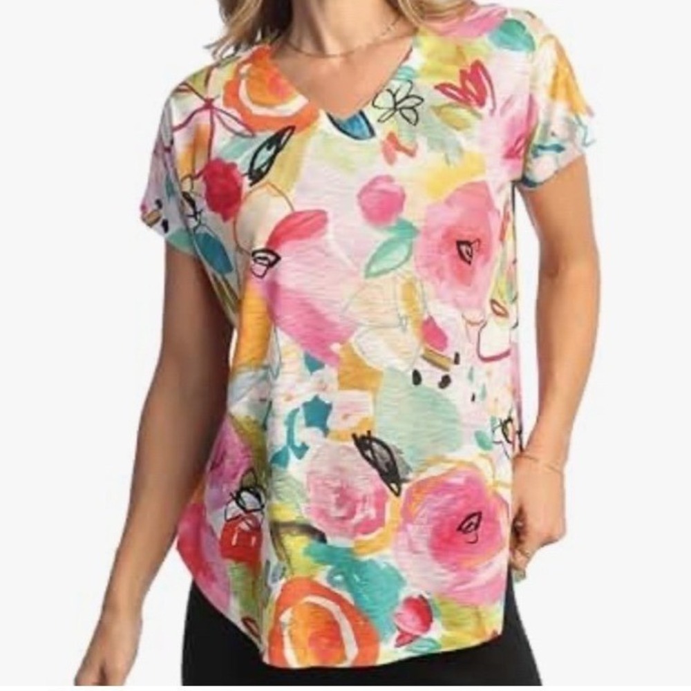 NEW Jess & Jane Small Sangria Floral Print Top V-Neck Short Sleeve Colorful USA